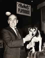 Norman McVicker with “Bluey” Lotan the Pocket’s regular visitor at each performance. Photographed outside the original Pocket Playhouse c1960.