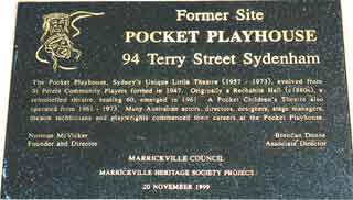 The plaque erected by Marrickville Heritage Society on 20th November, 1999 at the site of the former Pocket Playhouse, 94 Terry Street, Sydenham, NSW.
